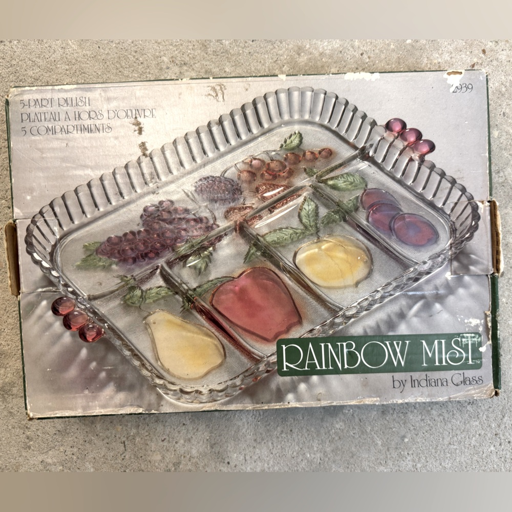 Vintage Indiana Glass Rainbow Mist 5 Section Fruit Relish Tray Party Plate Dish